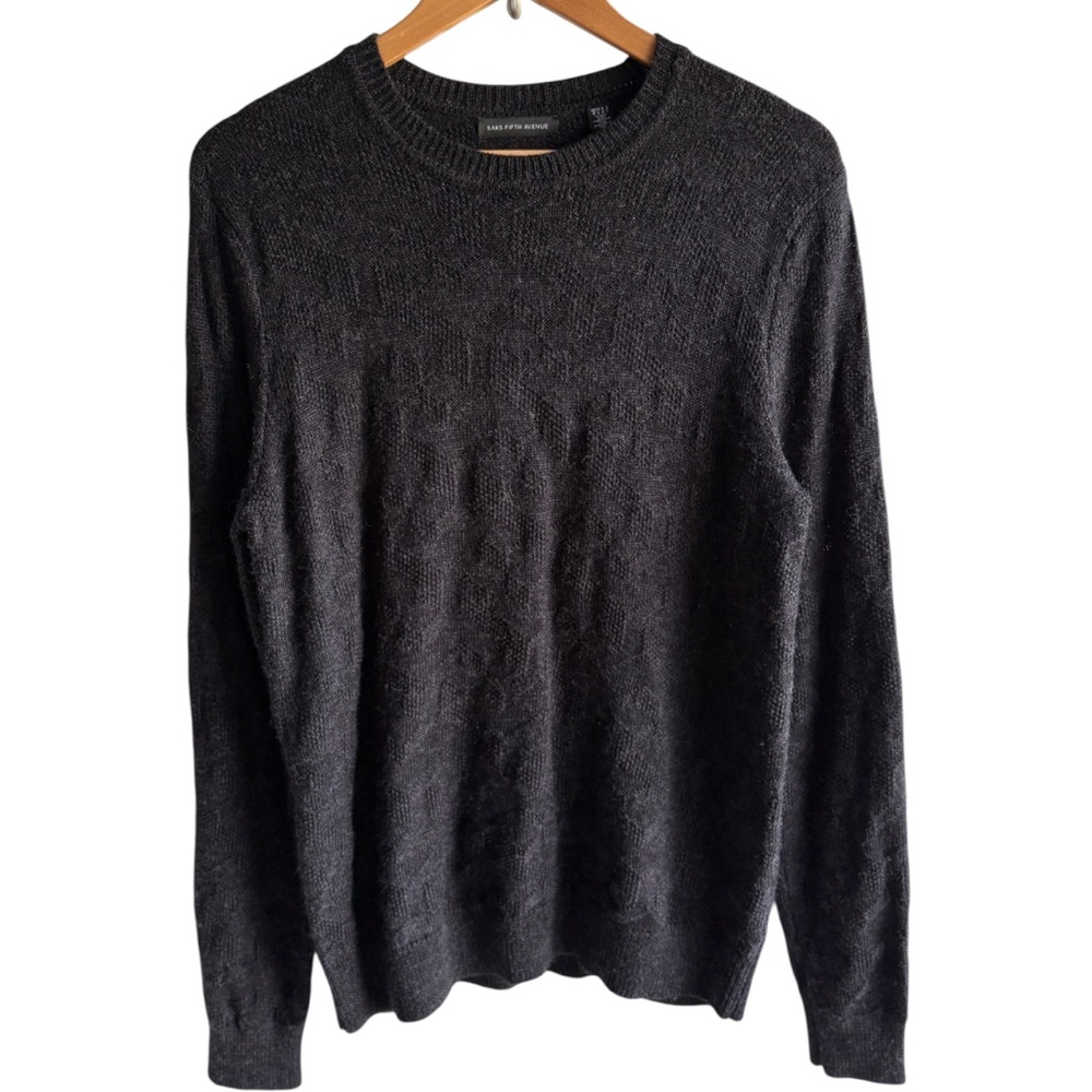 Saks Fifth Avenue Men Textured Knit Wool Blend Sweater Size Medium Charcoal Gray